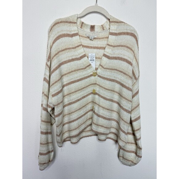 American Eagle Medium Sweater Beige Striped Cropped Button Up Balloon Sleeve NWT - Picture 1 of 12